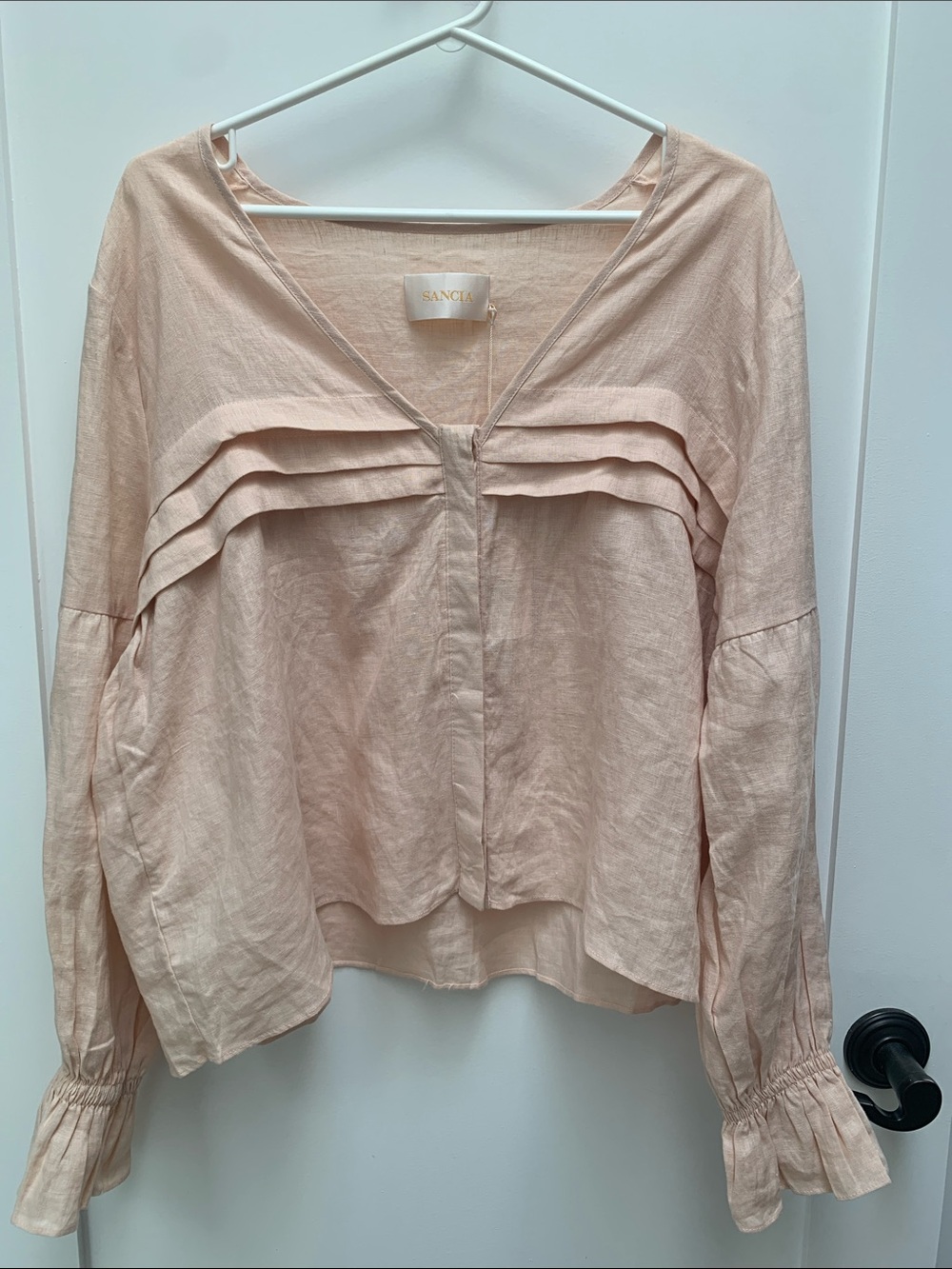 SANCIA Pale Blush Pleated V-Neck Blouse